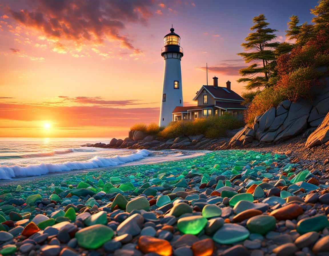 Sunset Sea Glass on Erie Beach in Hyperrealism