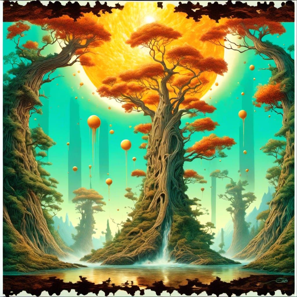 Surreal Cypress Trees Under Anthropomorphic Sun