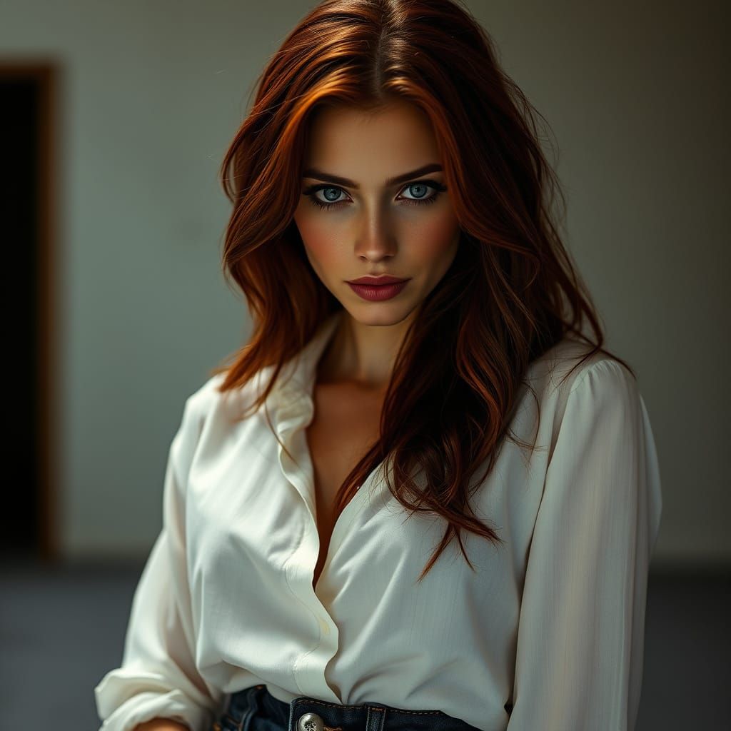 Enigmatic Woman Lost in Thought in Moody Office Setting