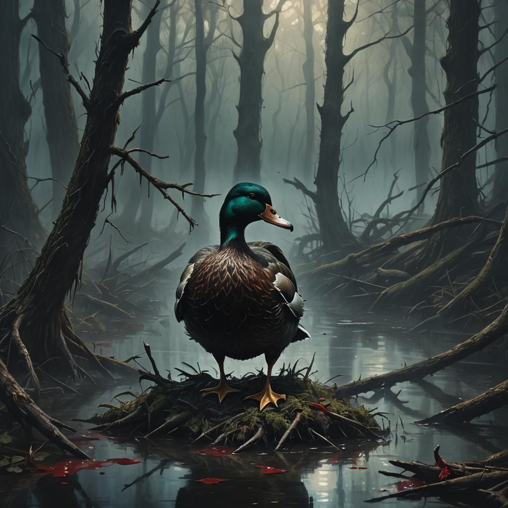 Duck with Bloody Knife in Ominous Oil Painting
