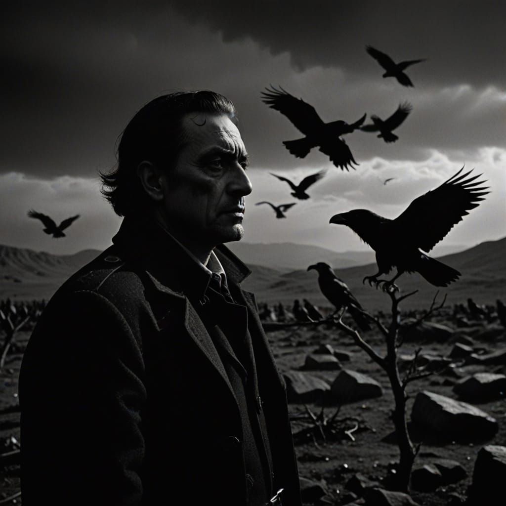 Mysterious Man With Ravens in Noir Film Style