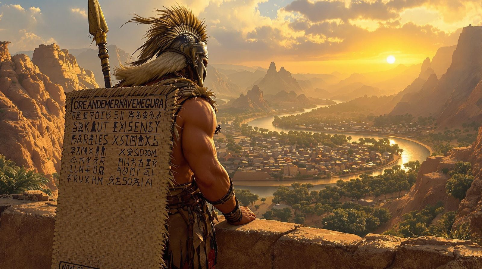 Ancient Warrior in Futuristic Armor Stands Above Mesopotamia...