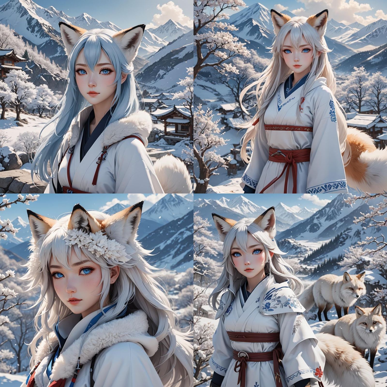 Anime Korean Fox Girl with Snowy Mountain