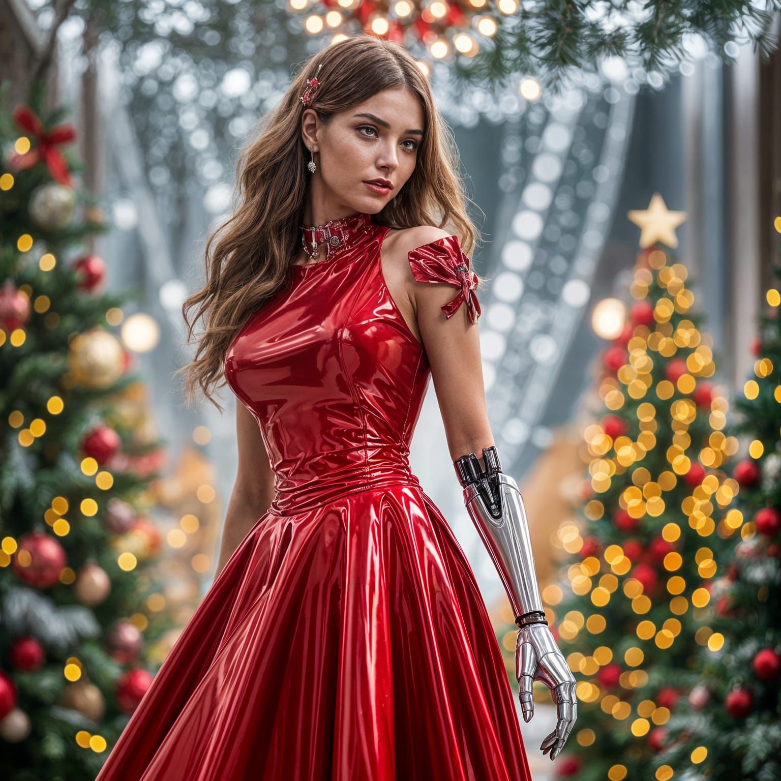 Vibrant Cyberpunk Woman Adorns Christmas Scene