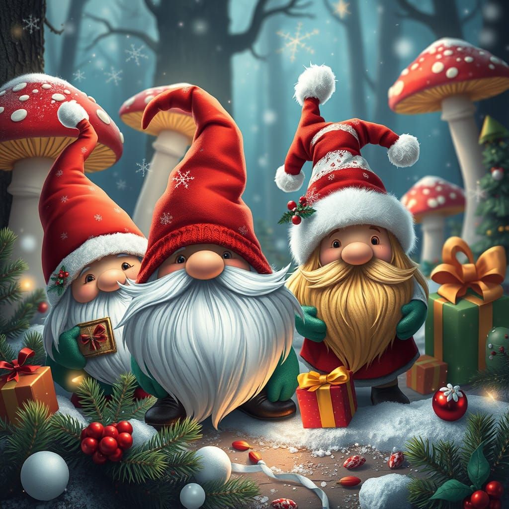 Whimsical Holiday Gnomes Amidst Enchanted Forest