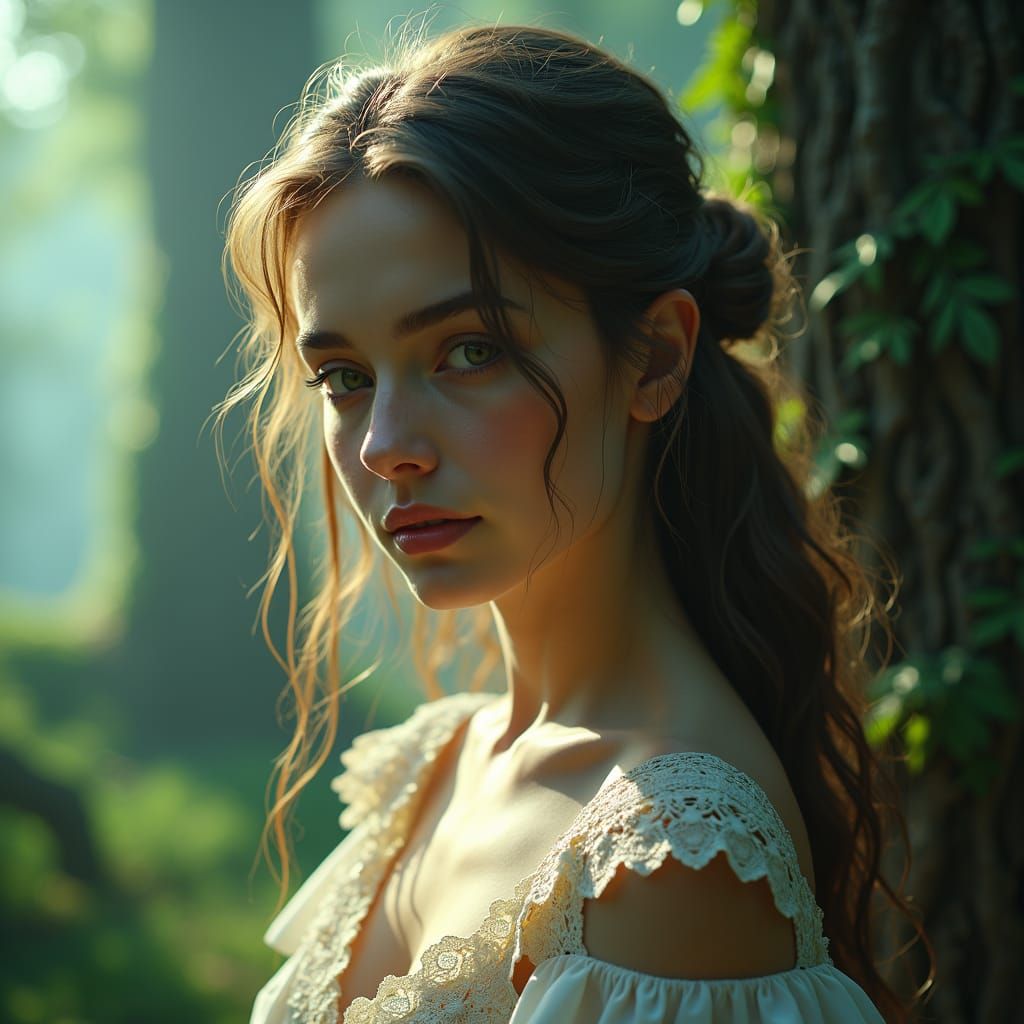 Mystical Portrait of European Girl in Dreamy Landscape
