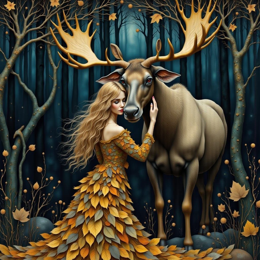 Ethereal Woman Embraces Majestic Moose in Mystical Forest