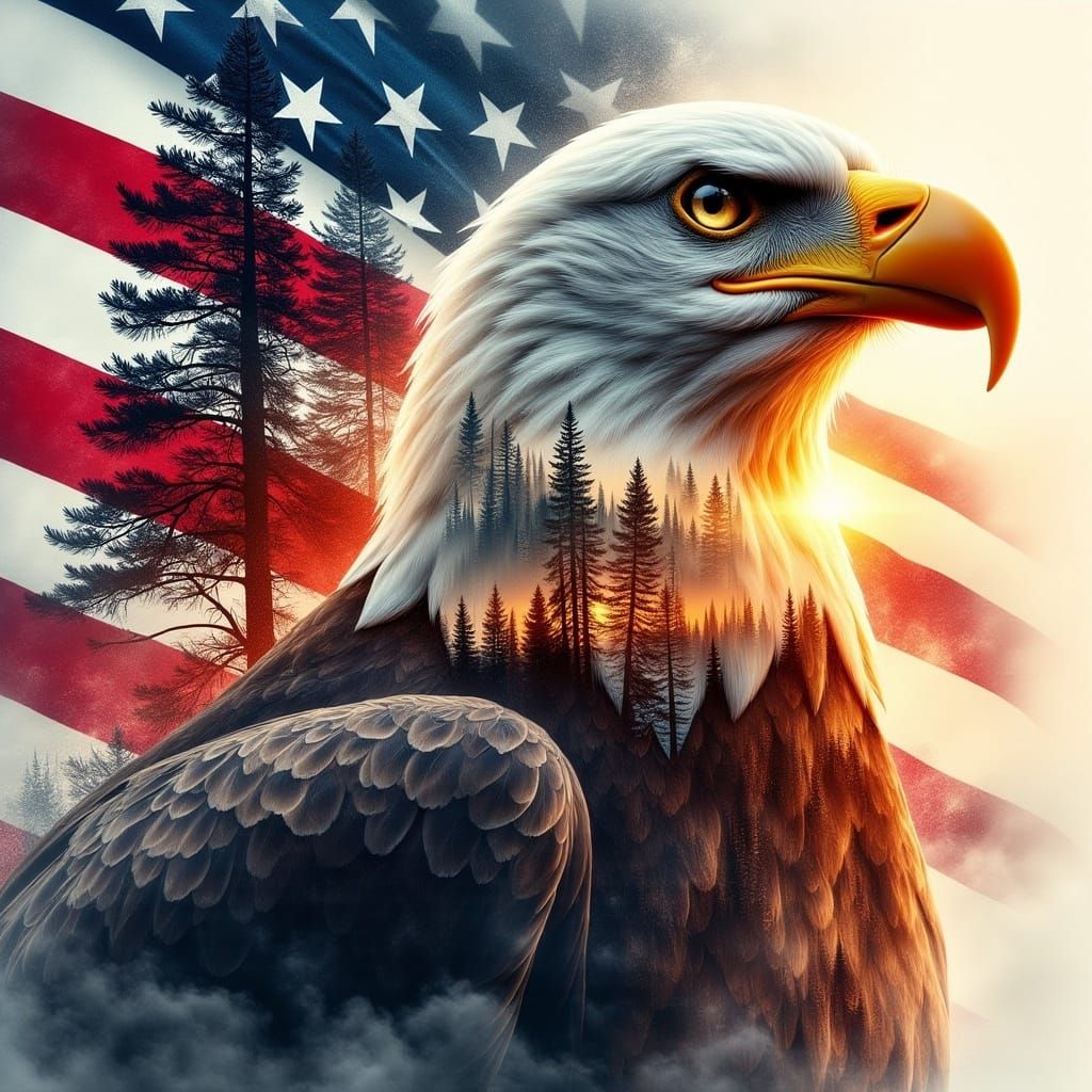 American Flag and Bald Eagle Double Exposure