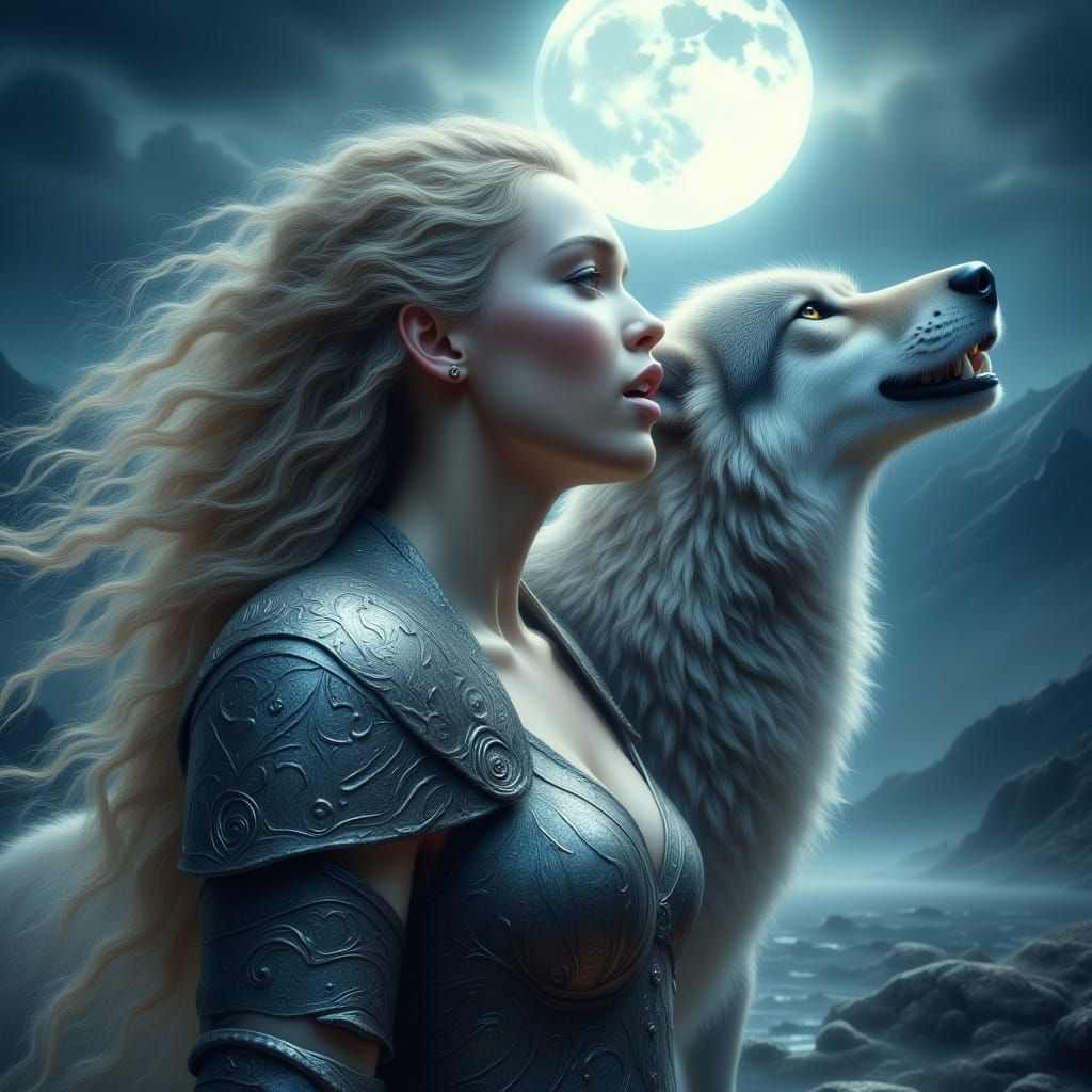 Warrior Howling with Wolf Under Luminous Moon