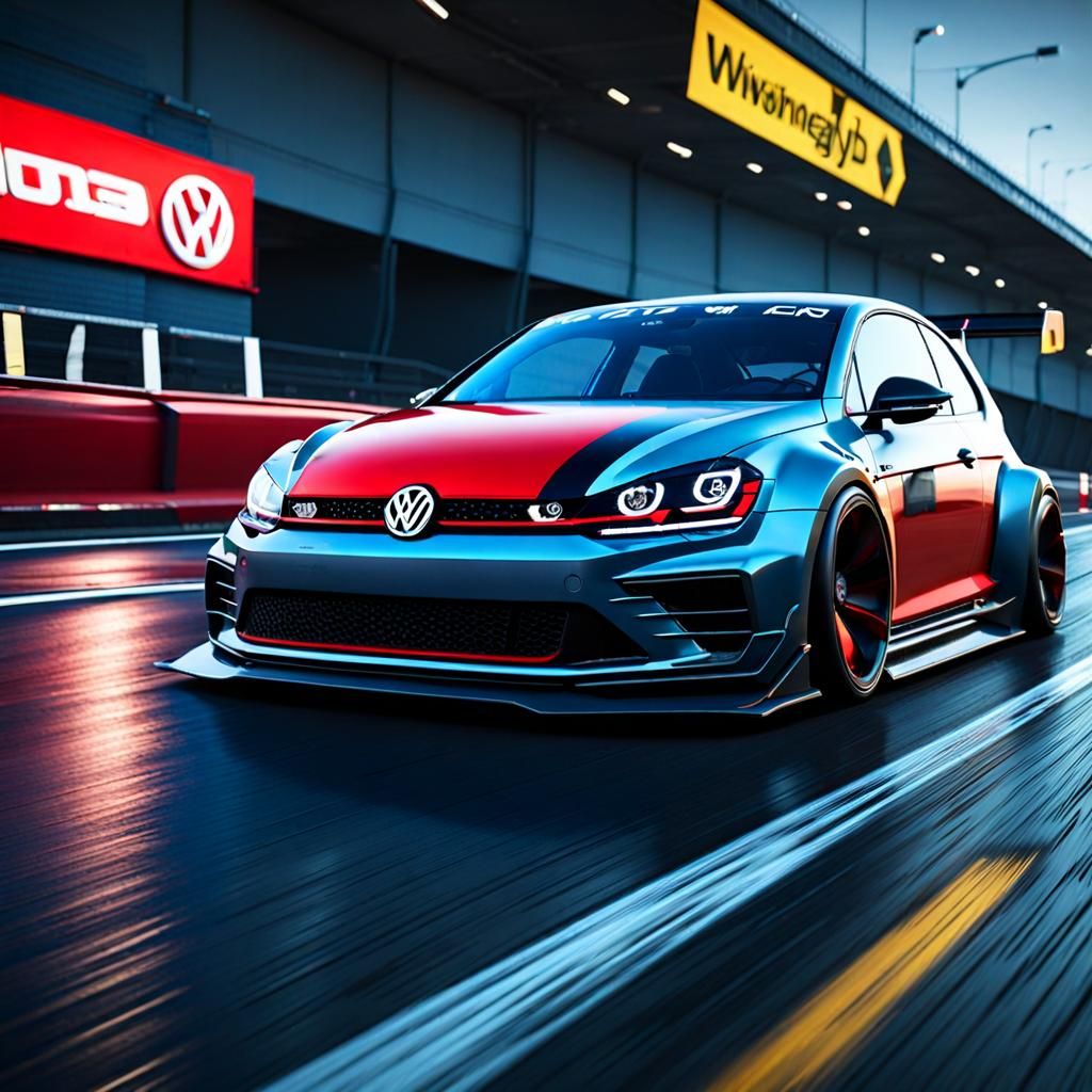 Volkswagen GTI Widebody Racing on Highway in 3D