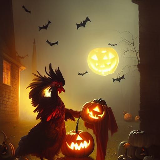 Chicken-Headed Homeowner's Halloween: Dark Fantasy Art