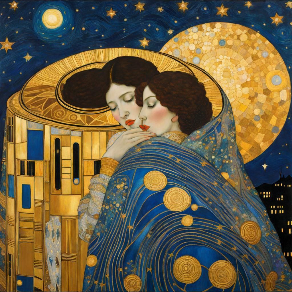 Starry Night Cuddle: Klimt-Inspired Golden Embrace