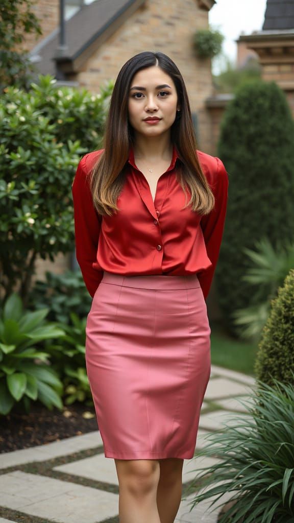 Woman in Red Satin Blouse and Pink Skirt in Garden
