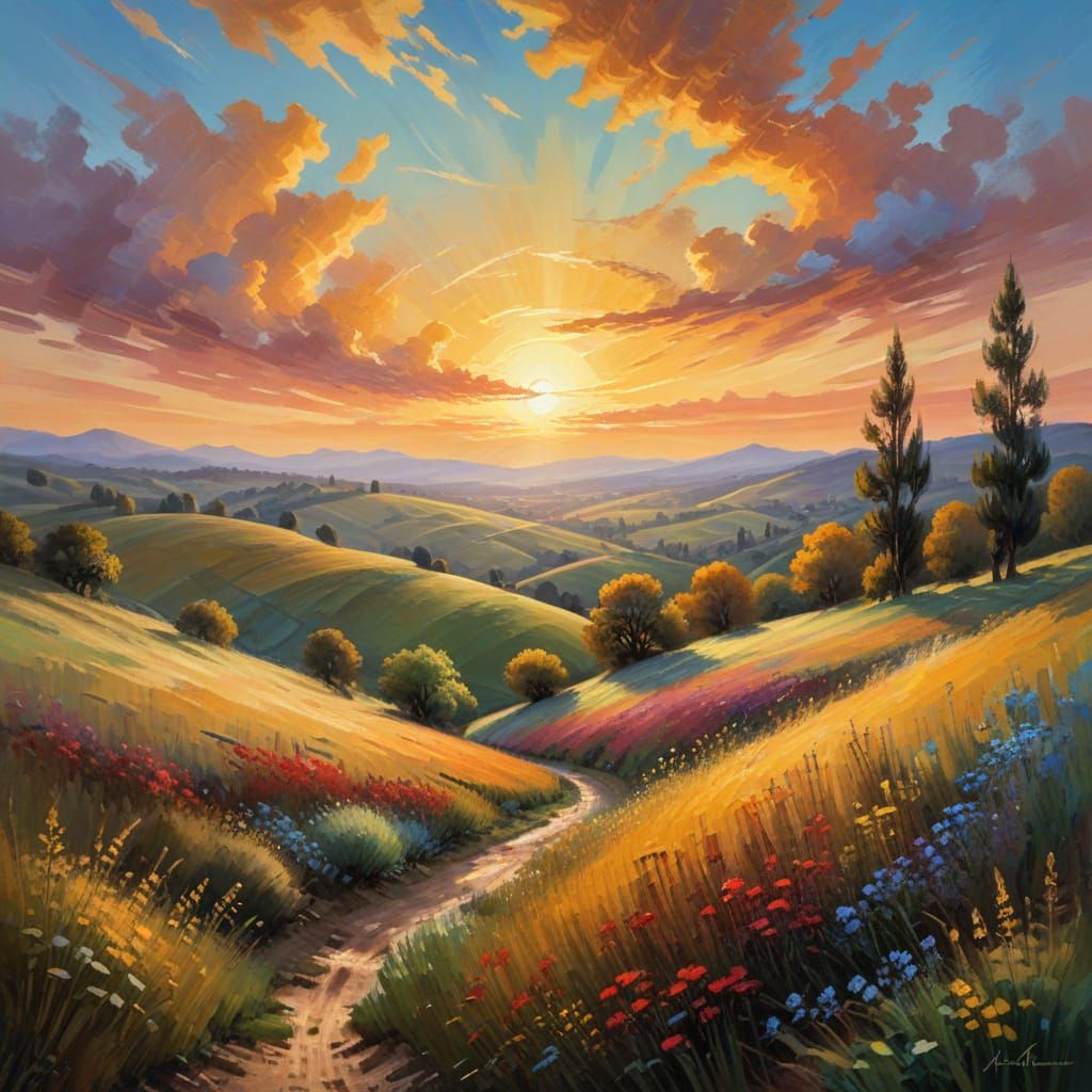 Impressionist Masterpiece: Serene Sunset Landscape