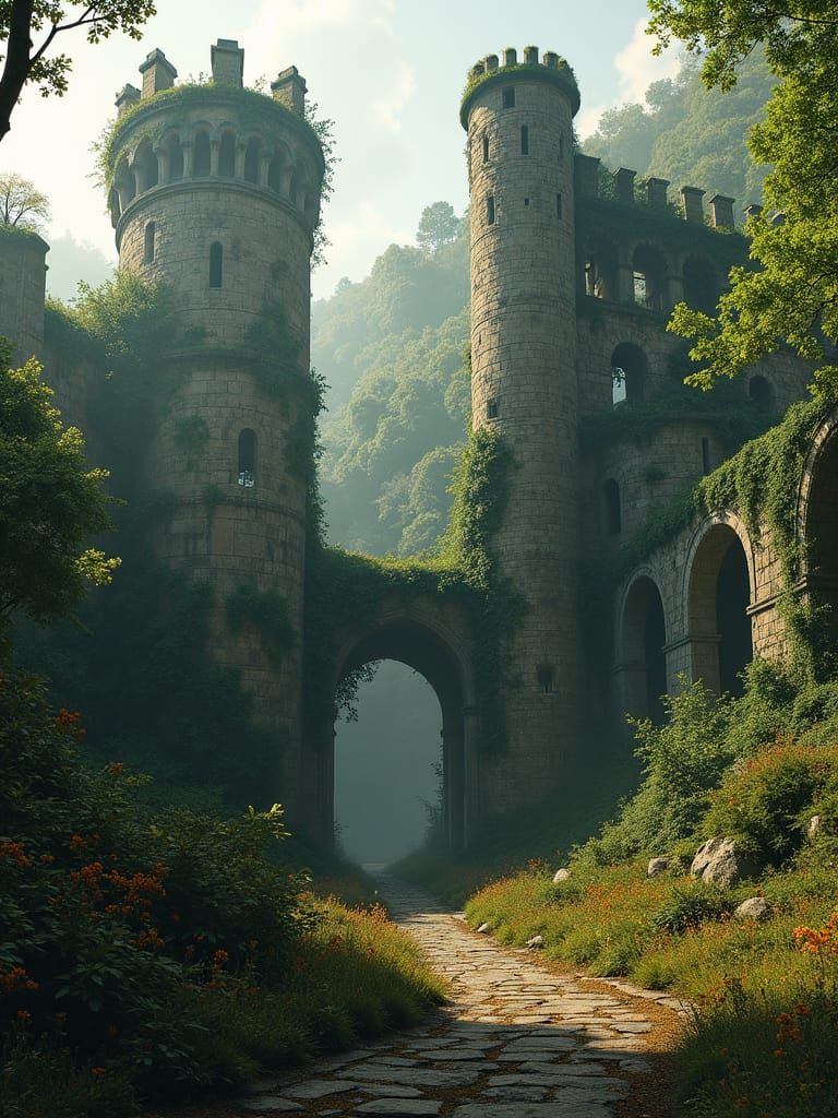 Misty Forest Castle Ruins in Hyper-Realistic Style