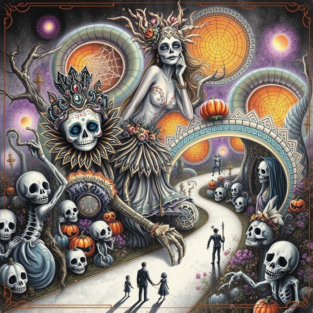 Mystical Sugar Skull Woman Dances in Dark Fantasy