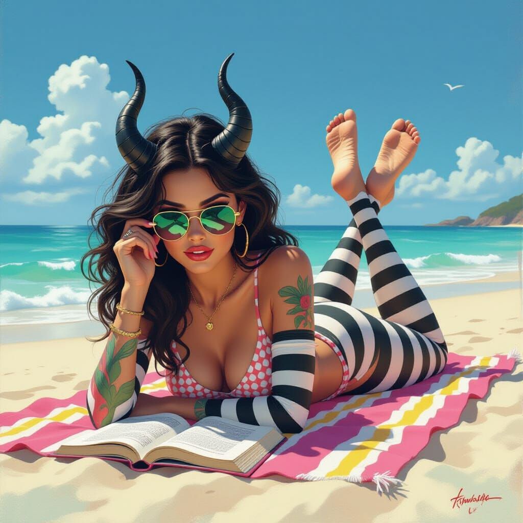 Striped Tiefling Woman on Sunny Beach