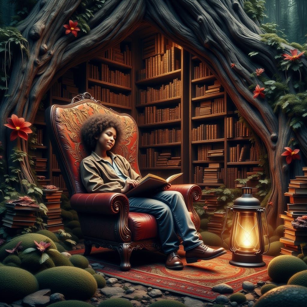 Bioluminescent Reading Nook in Ancient Tree