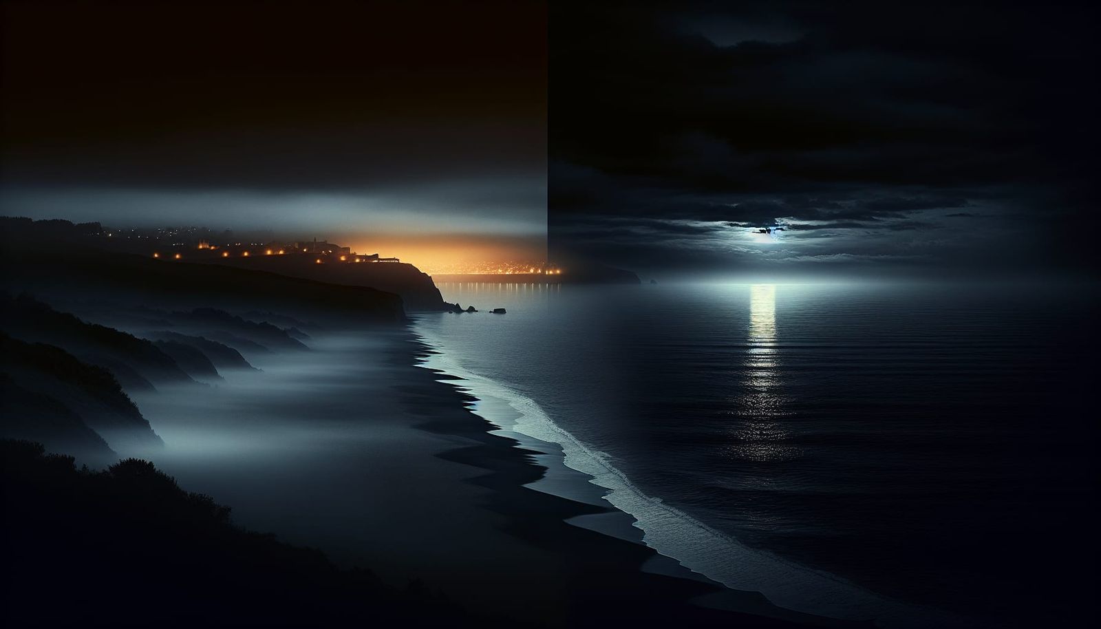Mysterious Midnight Beach with Distant City Lights