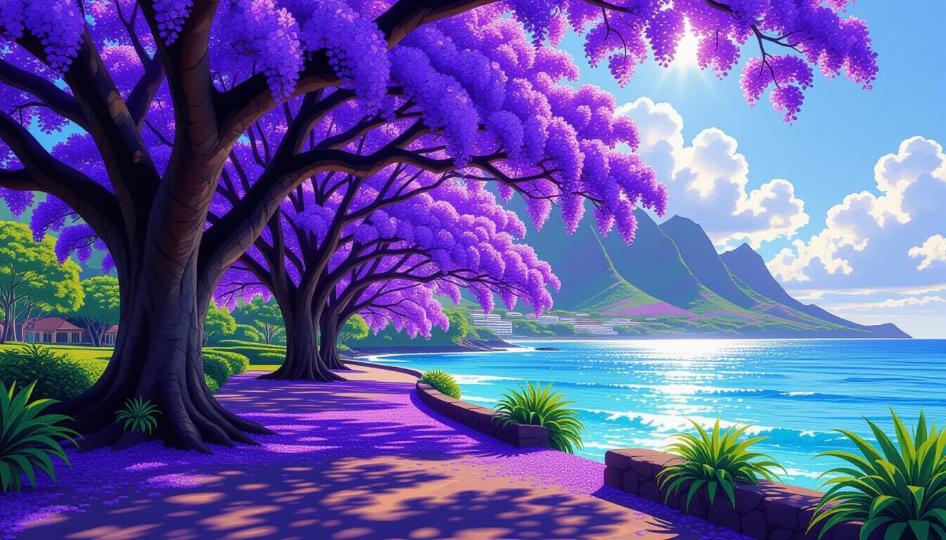 Jacaranda Trees Bloom in Hawaiian Landscape