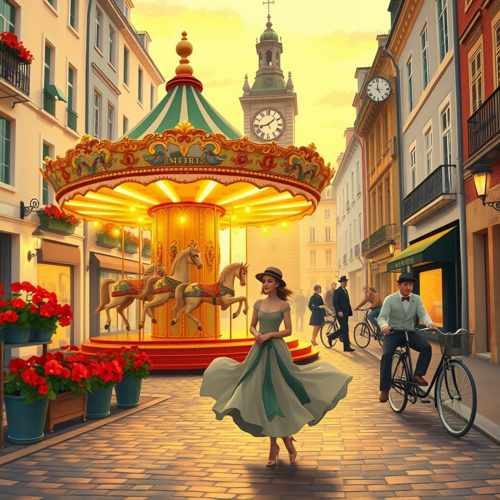 Vintage European Town Square Whimsy in Dreamy Watercolor Sty...