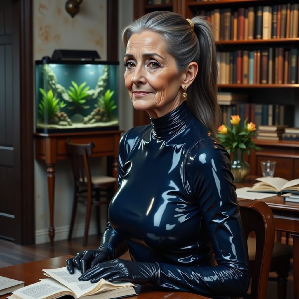 Elegant Elderly Woman in Metallic Catsuit and Maid Uniform