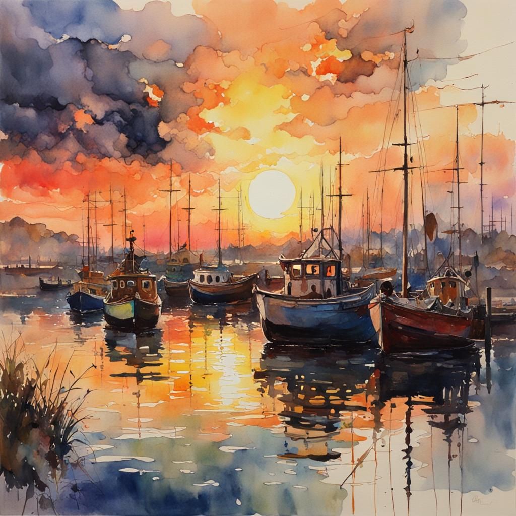 Cosmic Watercolor Sunset Over the Bay