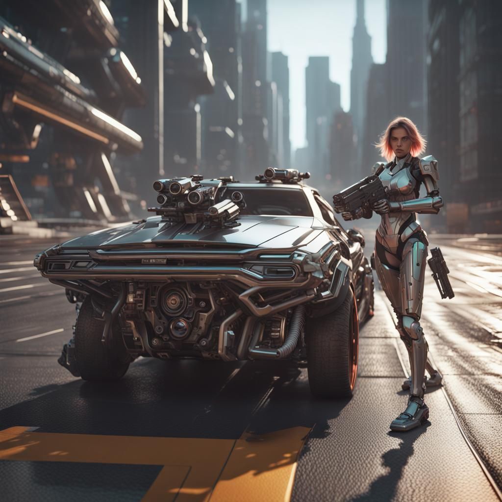 Futuristic Woman Driver in Armored Car, Sci-Fi Art