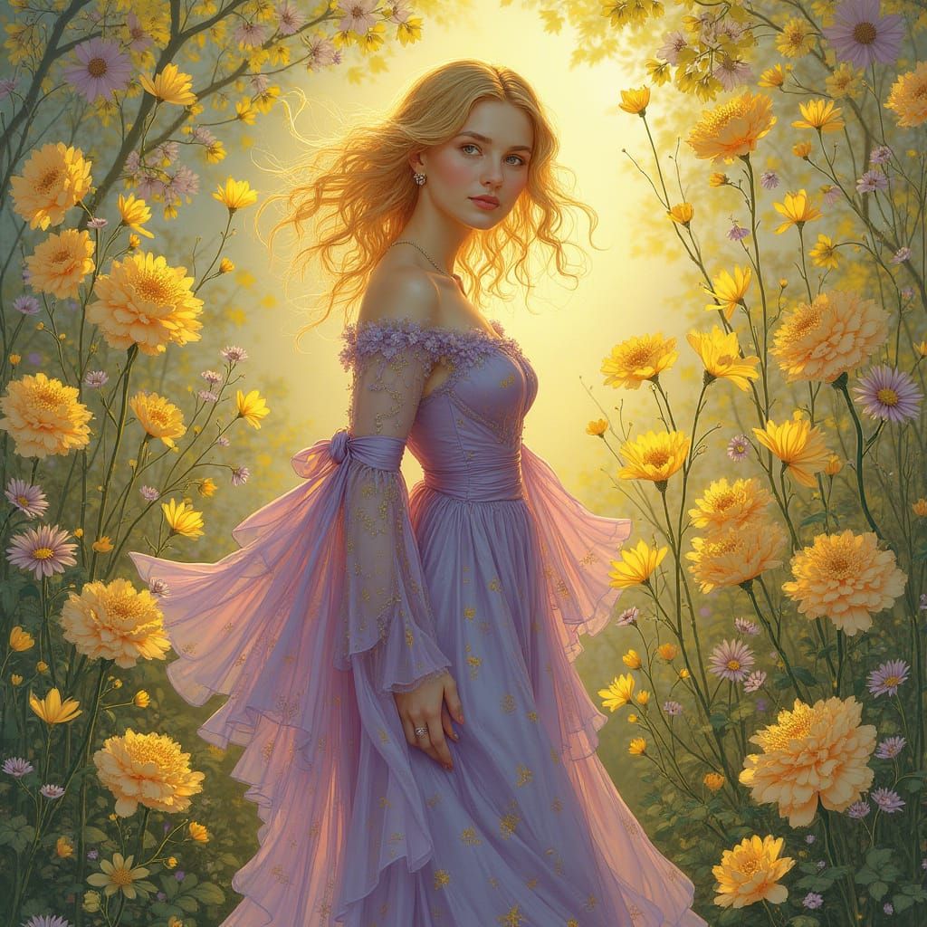 Blonde Woman in Floral Dress, Art Nouveau Style