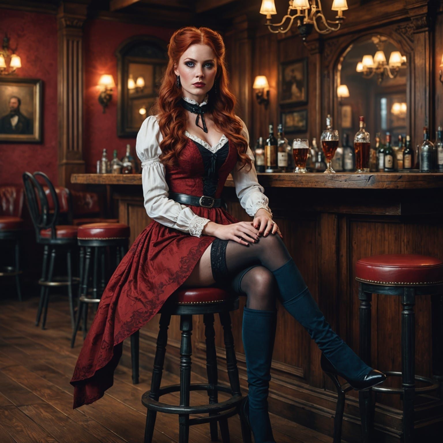 Saloon Girl in Red Dress, Detailed Digital Art