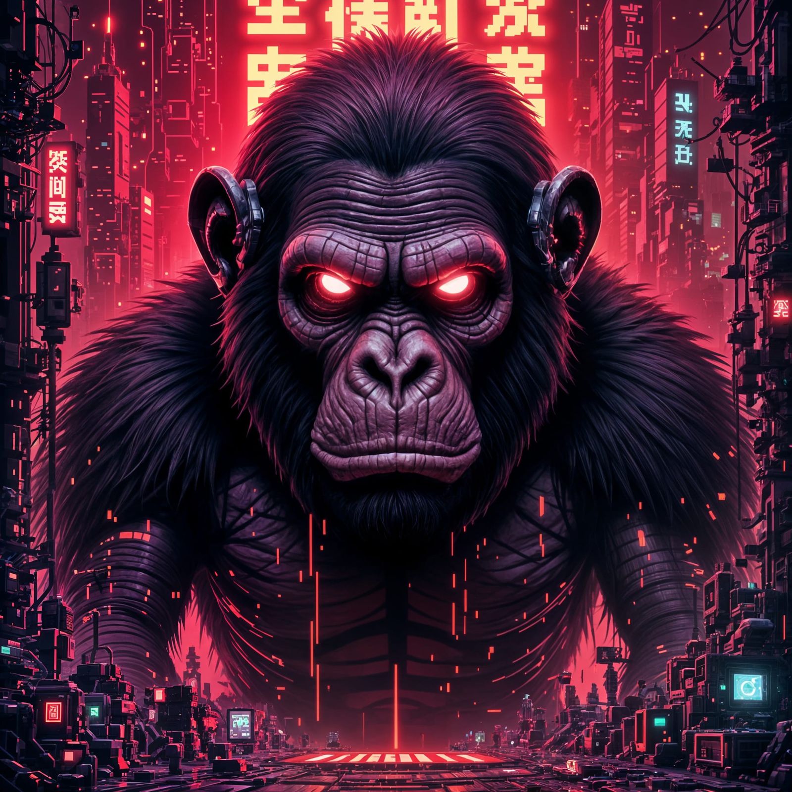 Colossal Glitching Ape Head in 8-Bit Cyberpunk Style