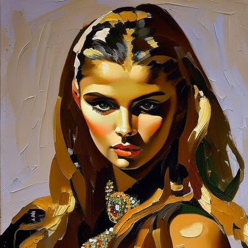 Beautiful Woman Portrait with Green Eyes as Impasto Painting