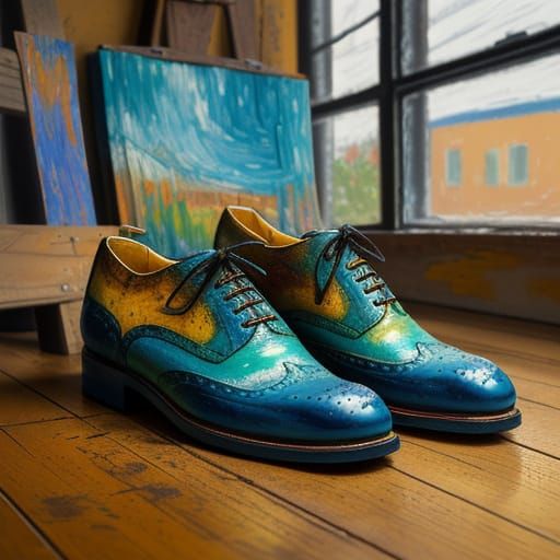 Impasto Oil Painting of Worn Shoes in Artist's Studio