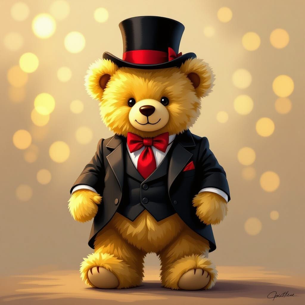 Yellow Teddy Bear in Suit, Tie, and Top Hat