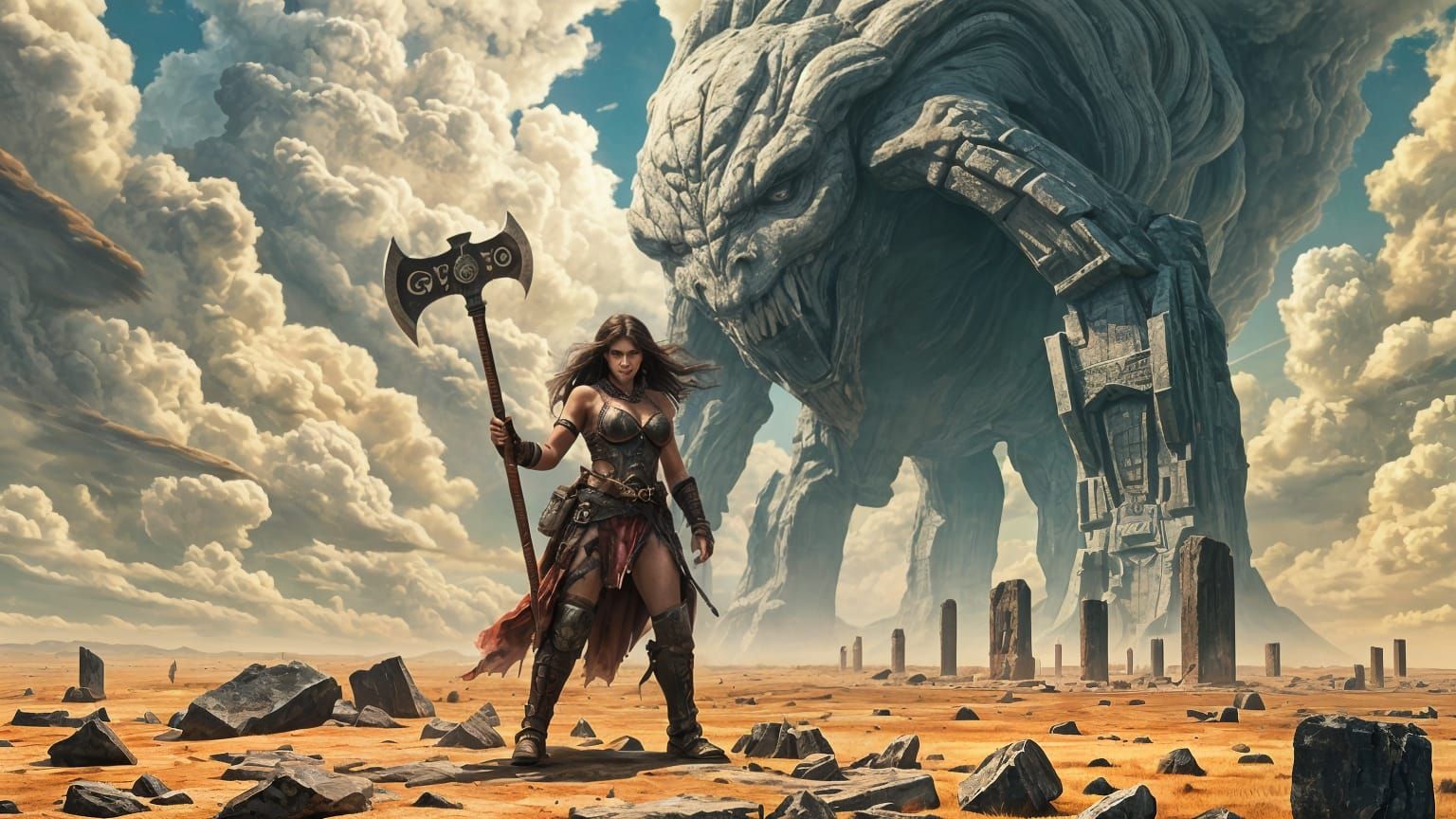 Barbarian Warrior Battles Sky-High Giant Among Ruins