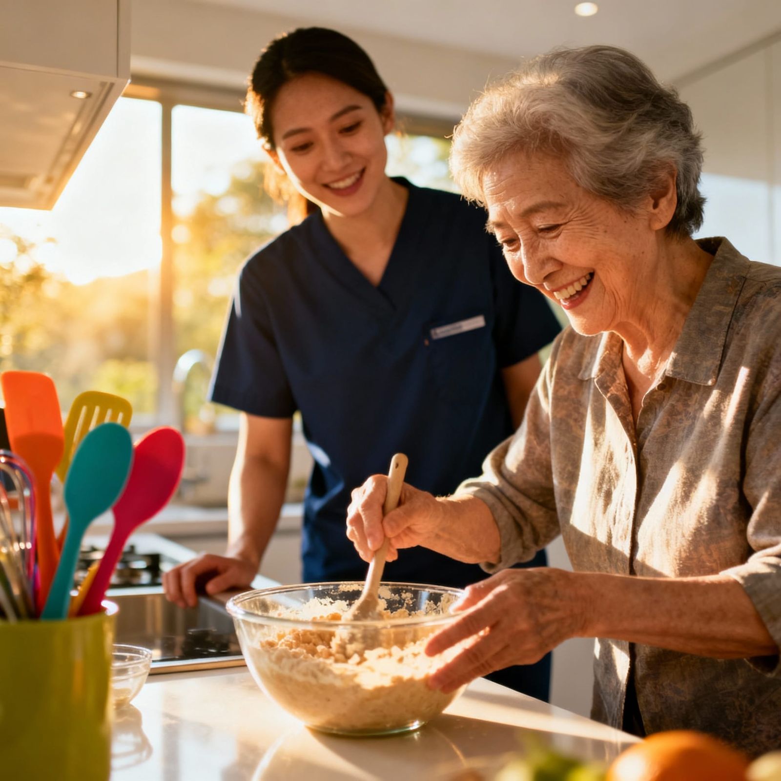Support Worker Assists Elderly Person in Modern Kitchen