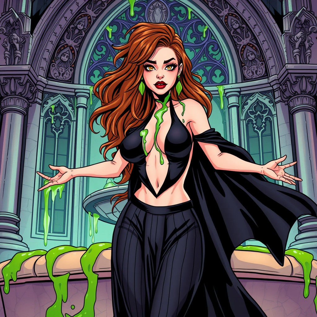 Irish Woman in Gothic Fountain: 80s Cartoon Style