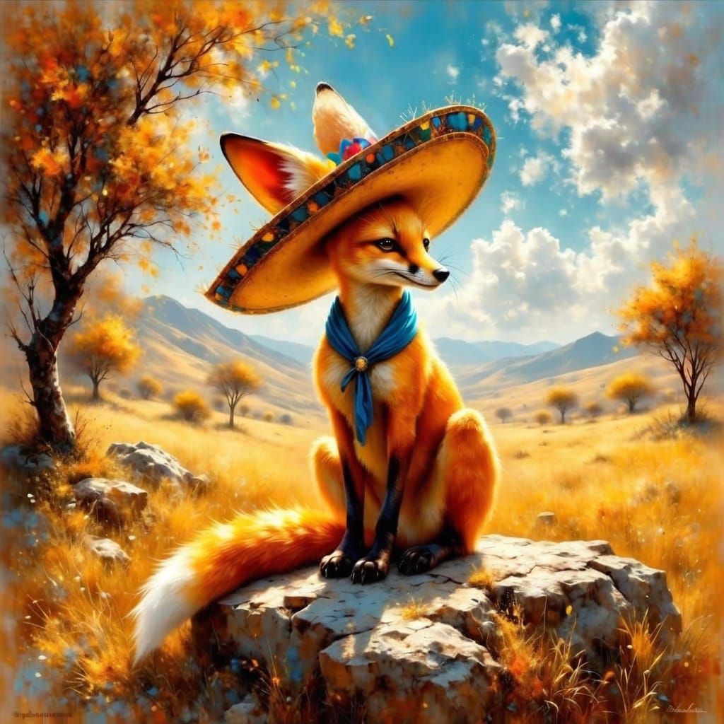 Fennec Fox in Sombrero: Tachisme Brushwork
