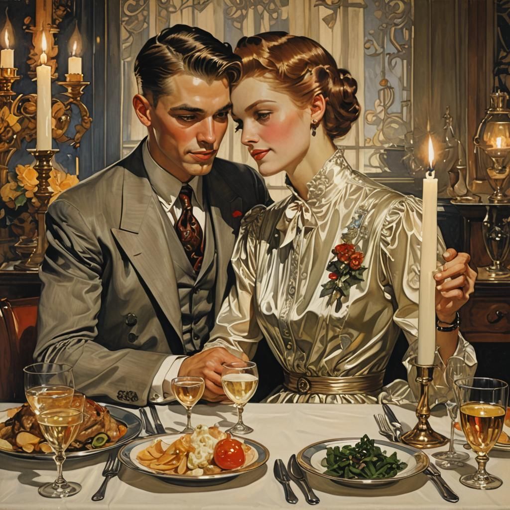 Romantic Dinner in Leyendecker Illustration Style