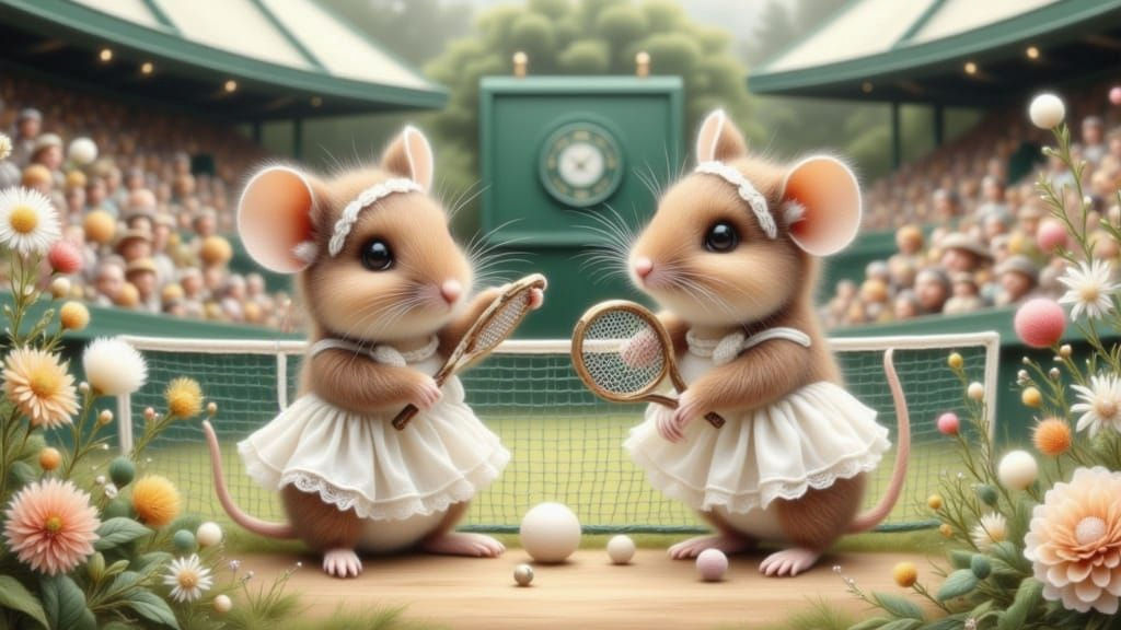 Mice Play Tennis at Wimbledon in Storybook Style