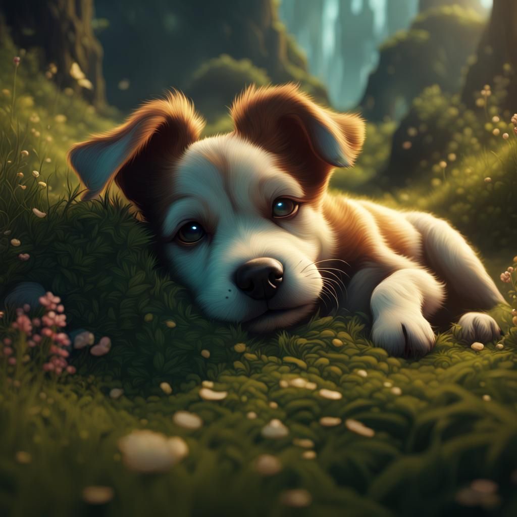 Puppy Sleeping on Grass: Detailed Matte Painting
