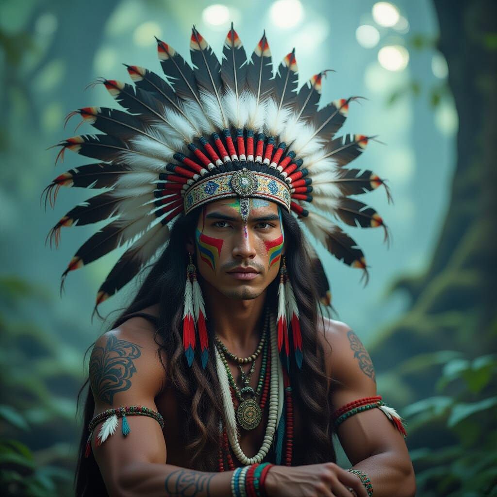 Mystical Tribal Warrior in Dreamlike Forest