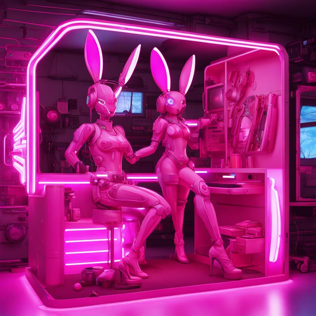 Cyber Bunny Bot Home in Neon Pink Style