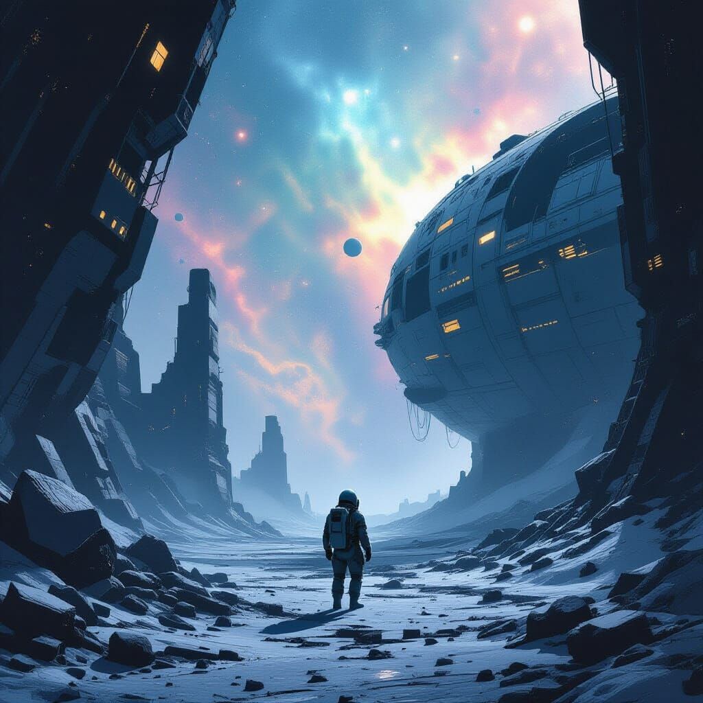 Astronaut in Cosmic Graveyard, Brutalist Ship Hulls