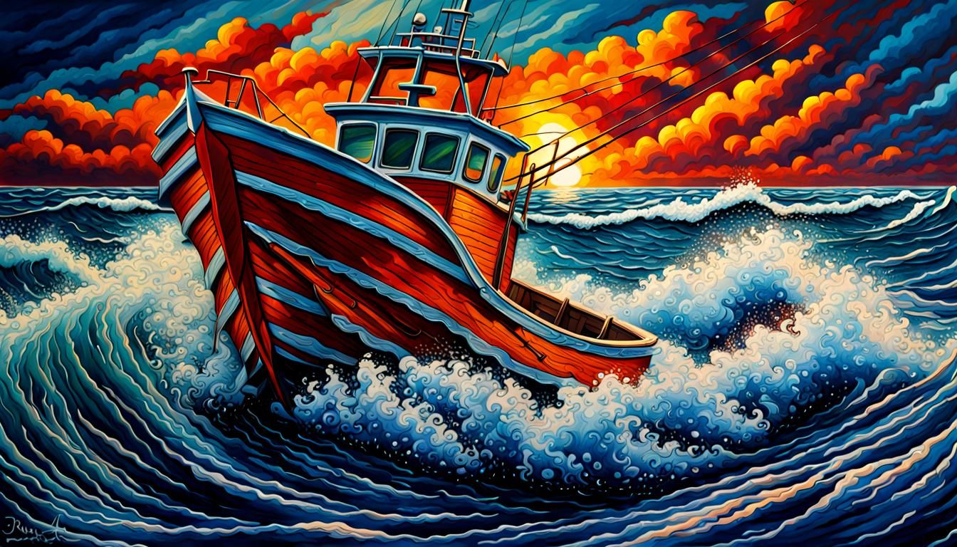 Denim Fishing Boat in Rough Seas