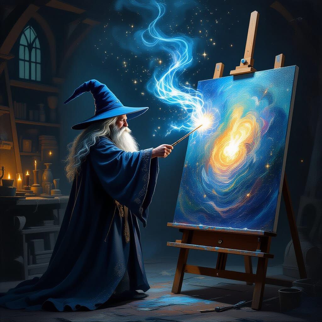 Wizard Conjures Magic Painting in Atelier Oil Style