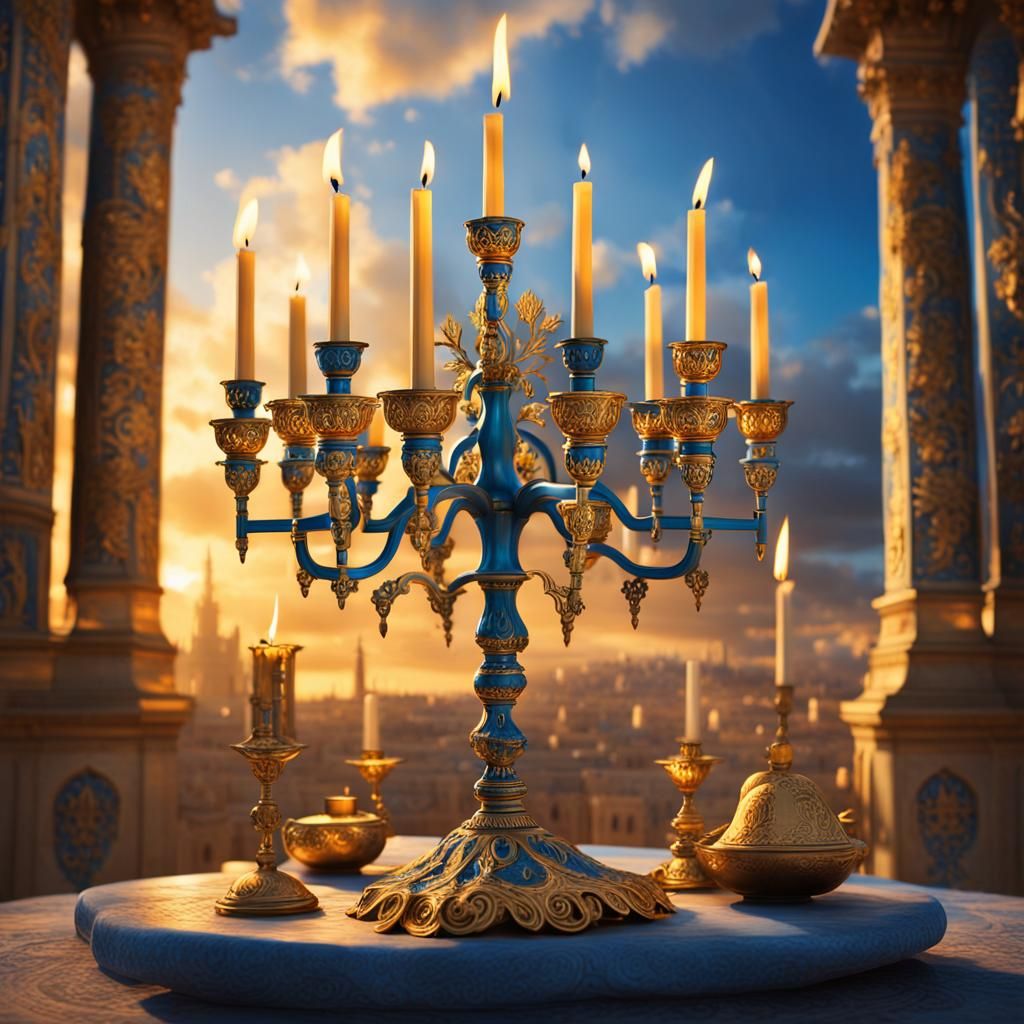 Golden Candelabra with Jerusalem Temple in Fantasy Style