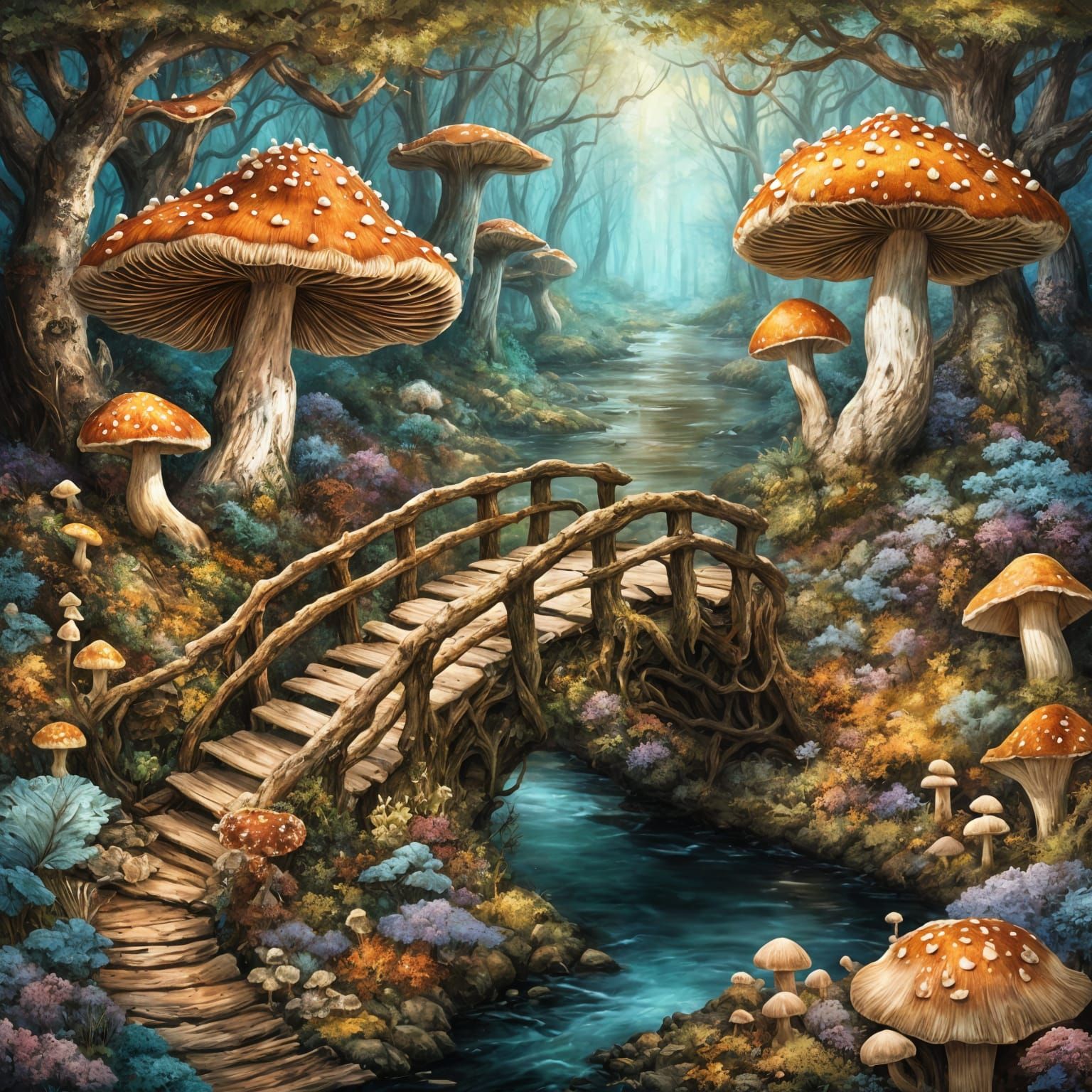 Whimsical Fungi Bridge in Warm, Intricately Detailed Colors