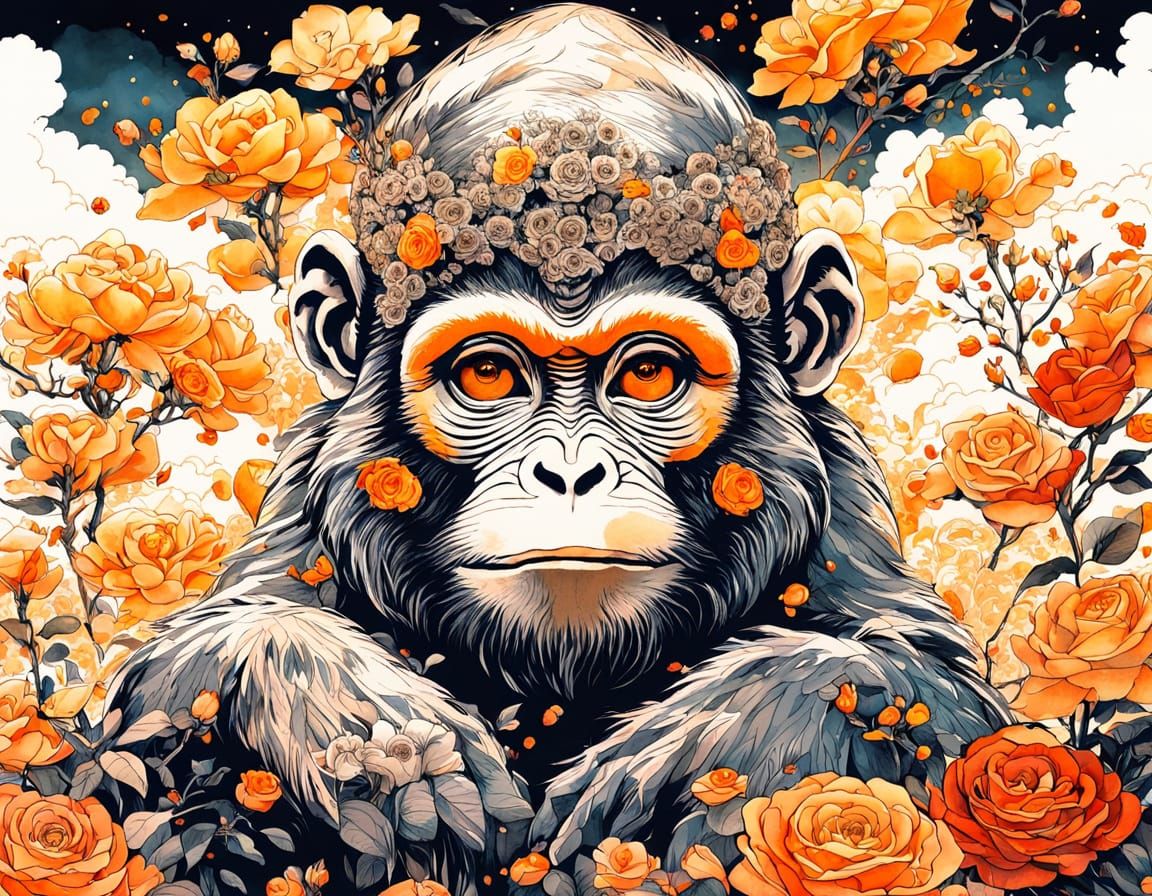 Surreal Asian Landscape with Monkey and Vibrant Flowers in C...