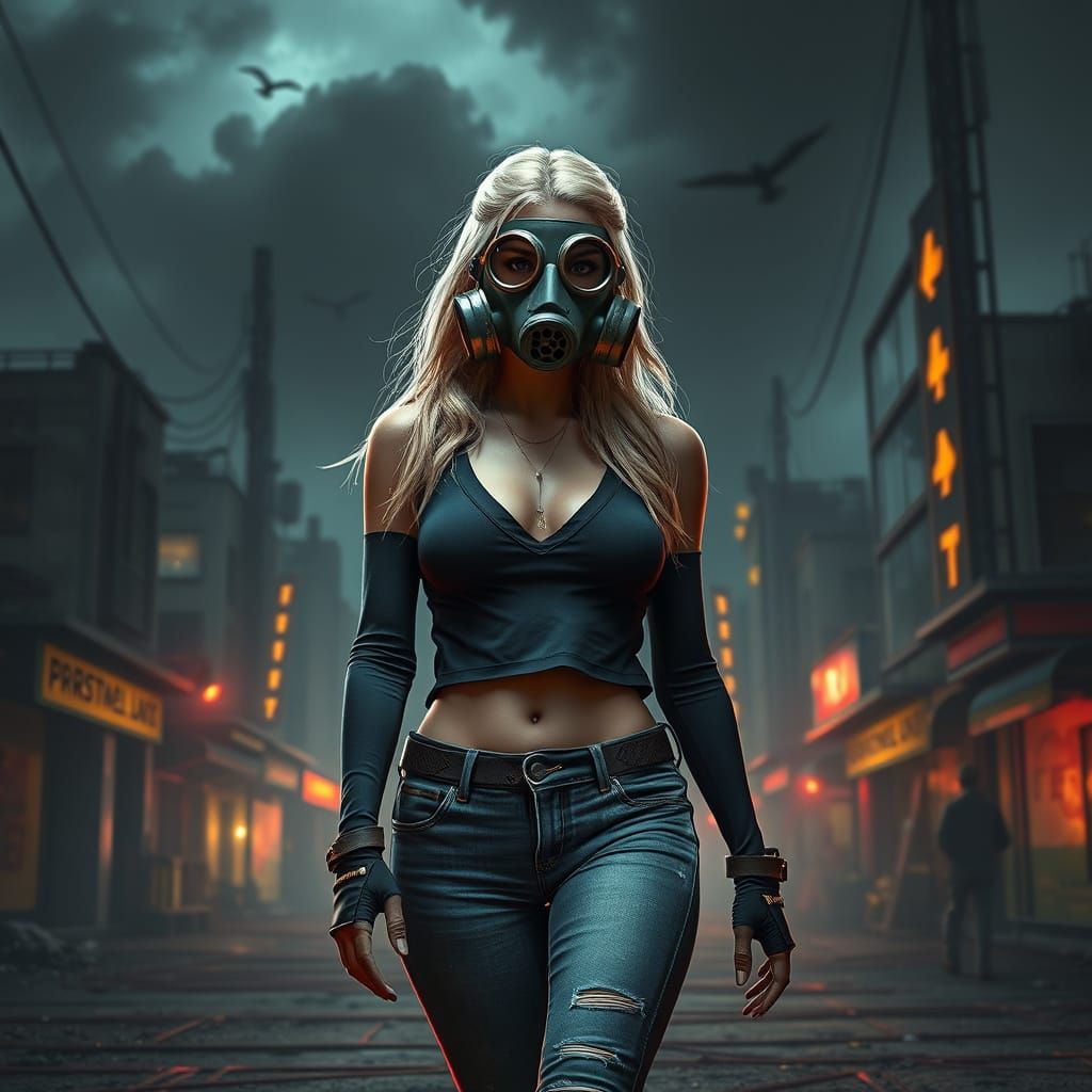 Blonde Woman in Dark Fantasy, Post-Apocalyptic Cityscape wit...
